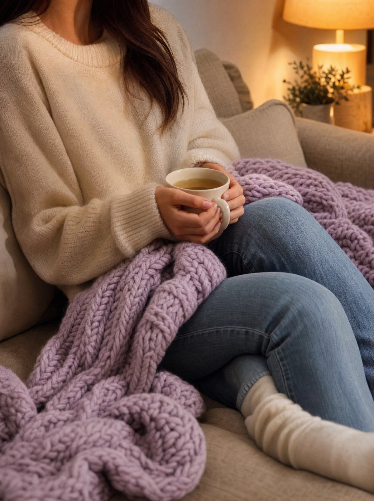 A woman in soft loungewear resting a hand on her stomach on a couch in evening lamp light
