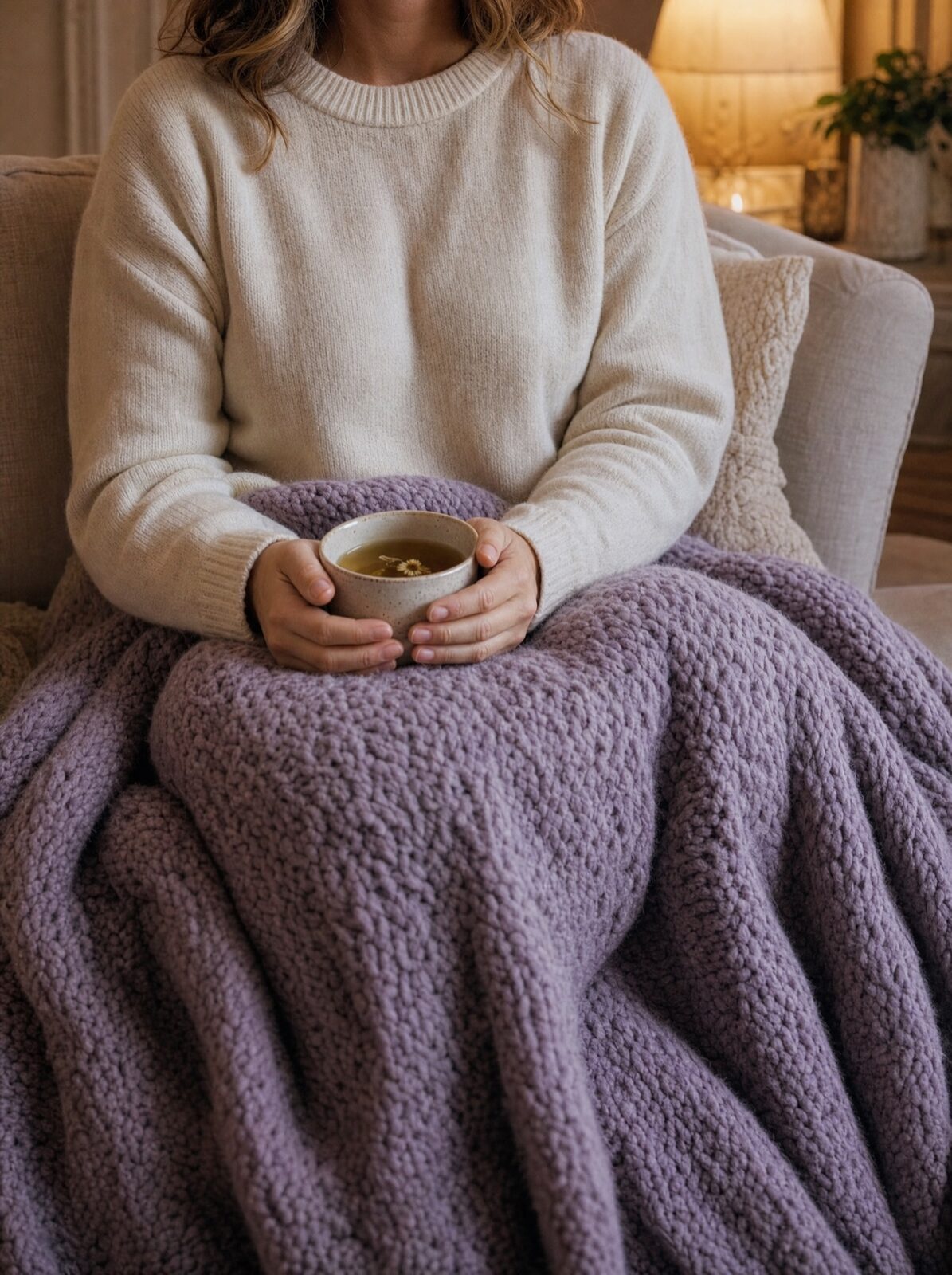 A woman in soft loungewear resting a hand on her stomach on a couch in evening lamp light