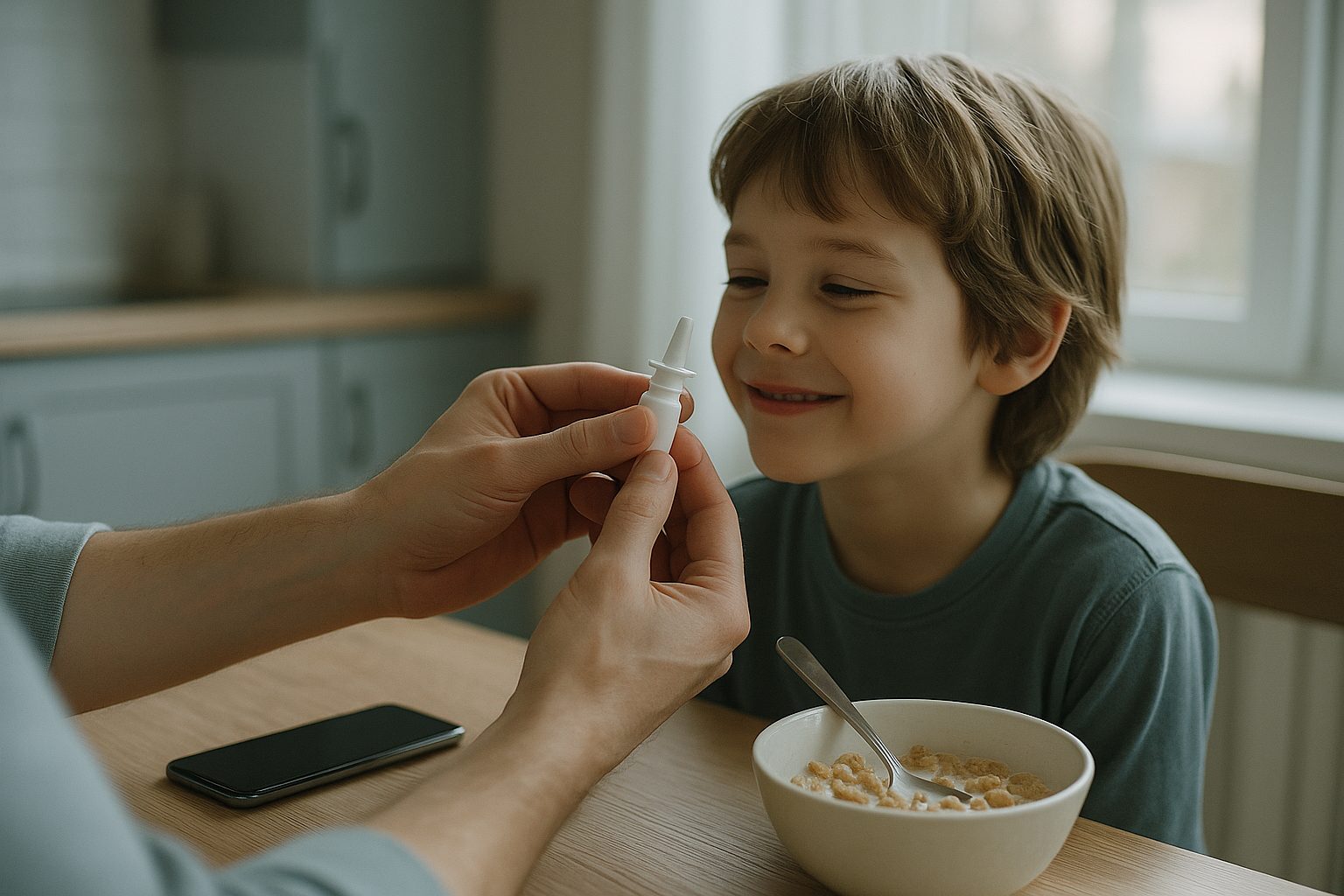 Illustration: a parent giving a smiling child a nasal spray vaccine at the kitchen table