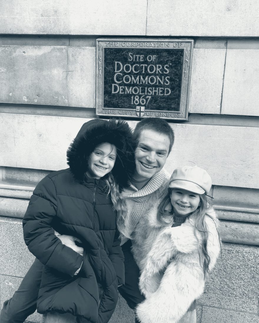 Rick Pescatore with his daughters at the site of Doctors’ Commons, London