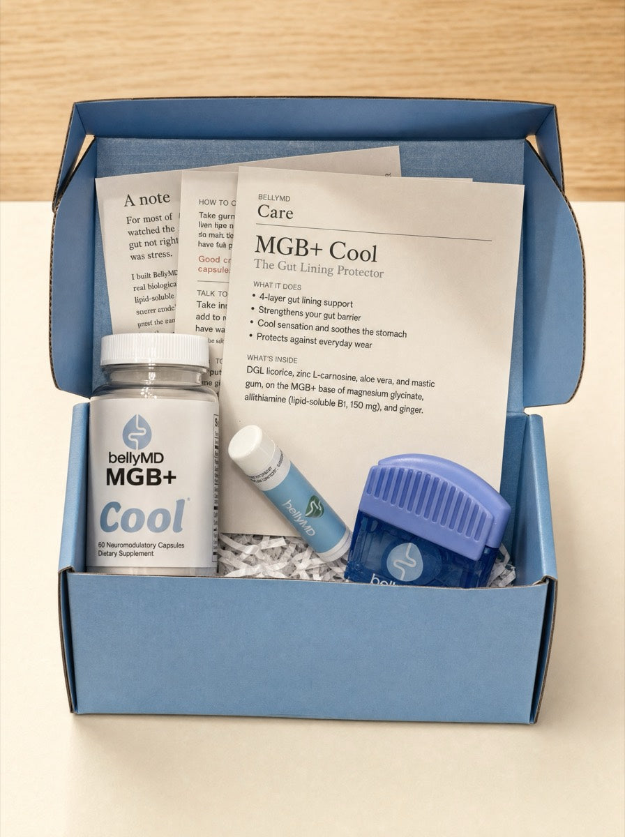 Inside the MGB+ Cool Welcome Kit: the bottle, printed Protocol Cards, and BellyMD extras