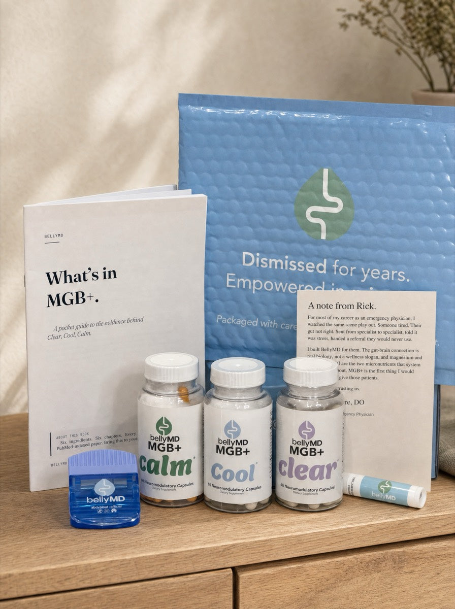 Inside the MGB+ Core Trio Welcome Kit: all three formulas, printed Protocol Cards, and BellyMD extras