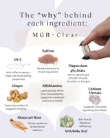 MGB+ Clear ingredients - lipid-soluble B1, magnesium glycinate, and targeted actives
