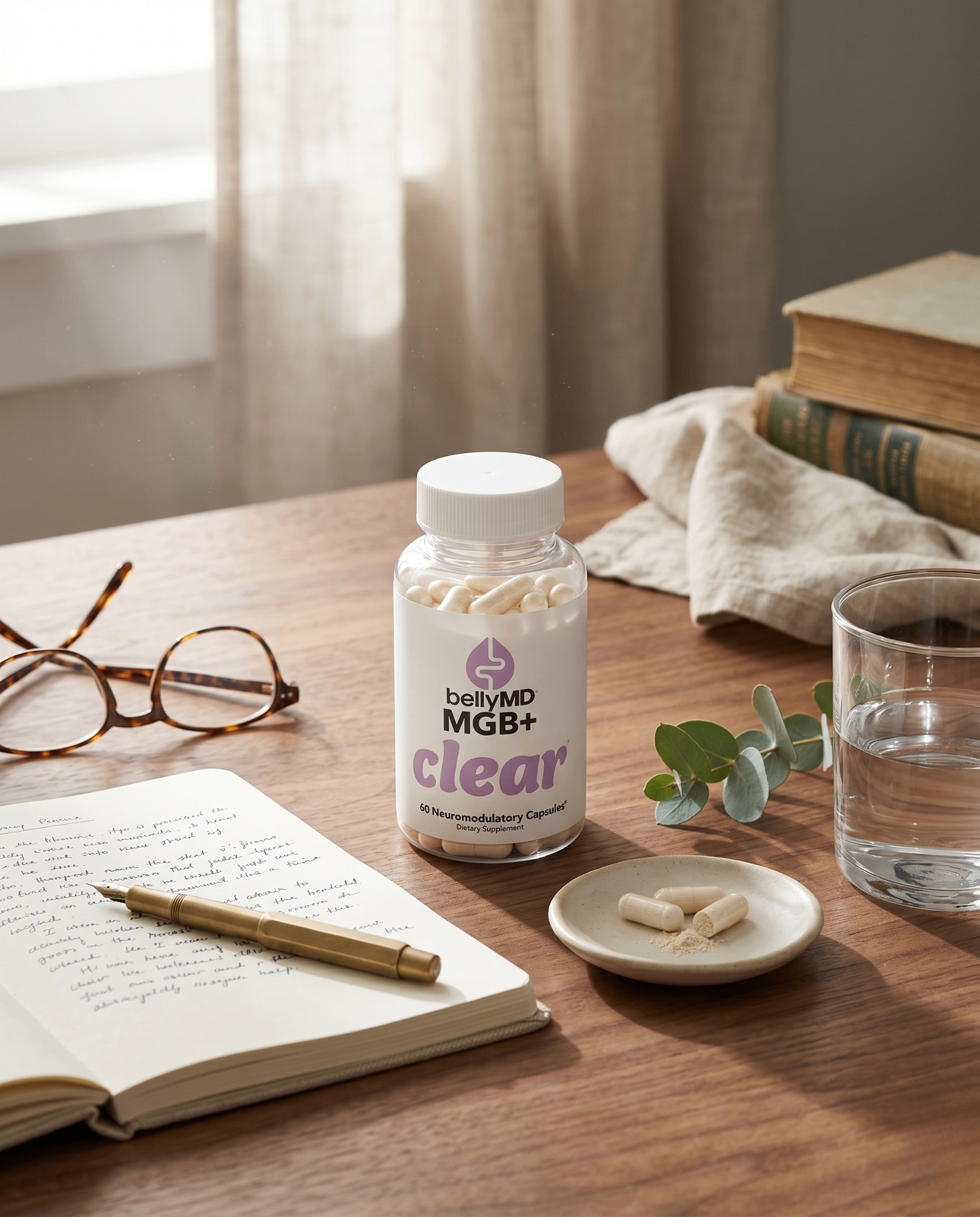 MGB+ Clear bottle on a sunlit wood desk with a journal, glasses, eucalyptus, and a glass of water.