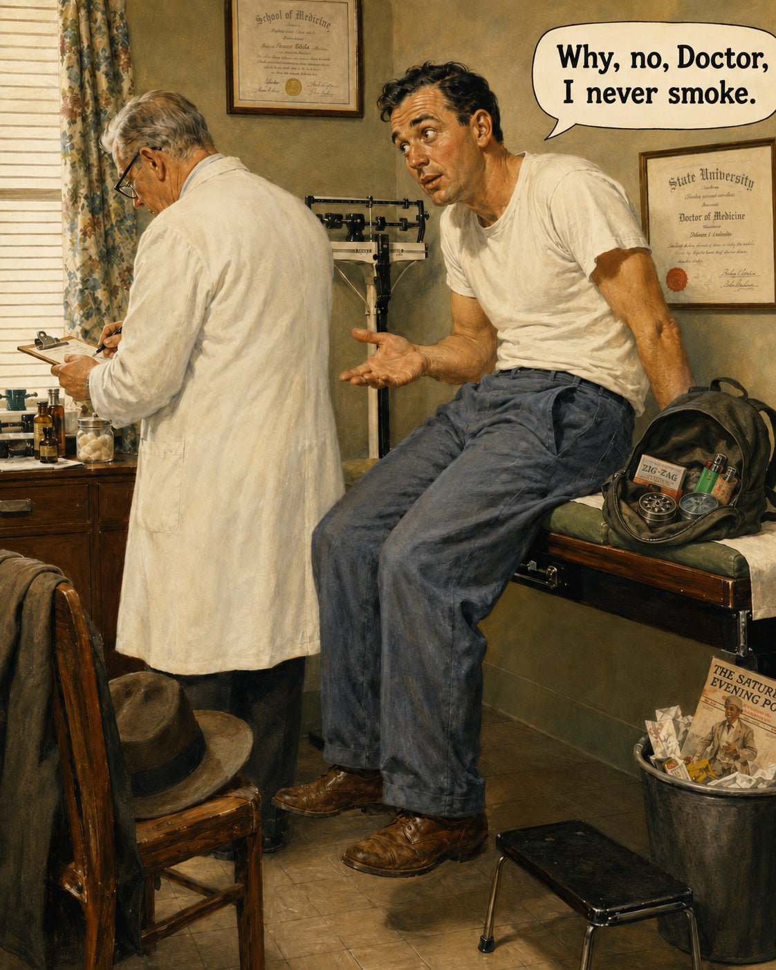Illustration of a man at a doctor's visit saying 'Why, no Doctor, I never smoke' while a habit he isn't mentioning sits in his bag