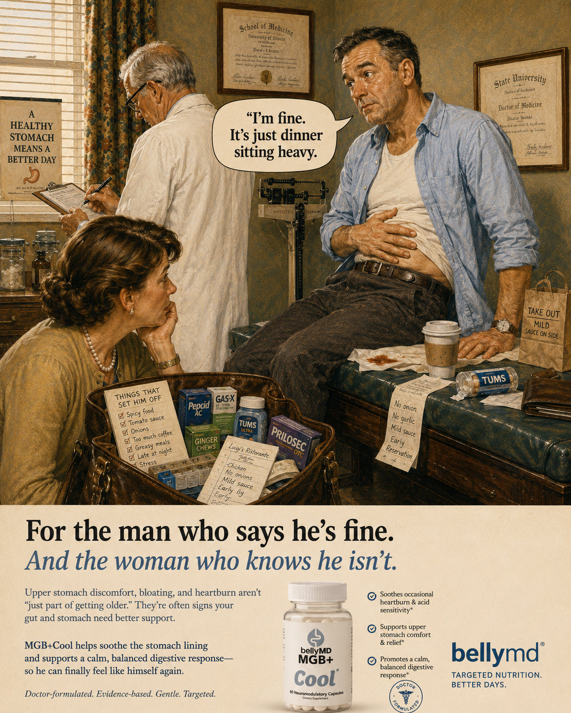 Illustration of a man at a doctor's visit saying 'I'm fine, it's just dinner sitting heavy' while his wife looks at a bag full of antacids