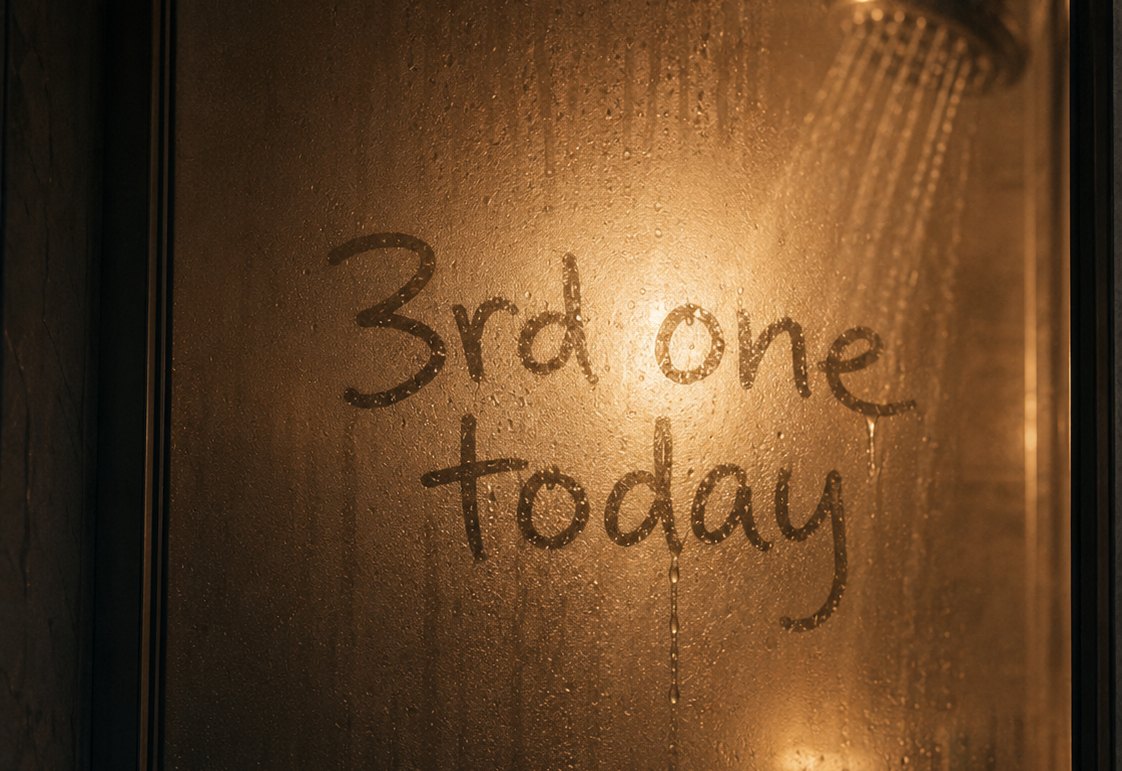 Fogged shower glass with the words 3rd one today written in the condensation