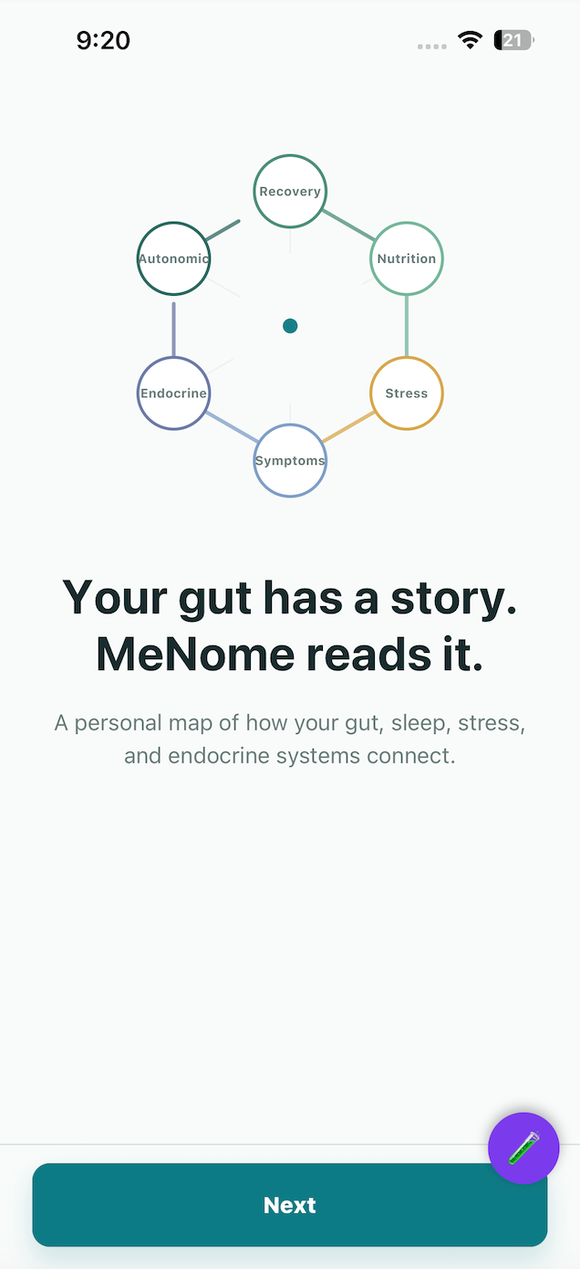 MeNome app — BellyScore dashboard