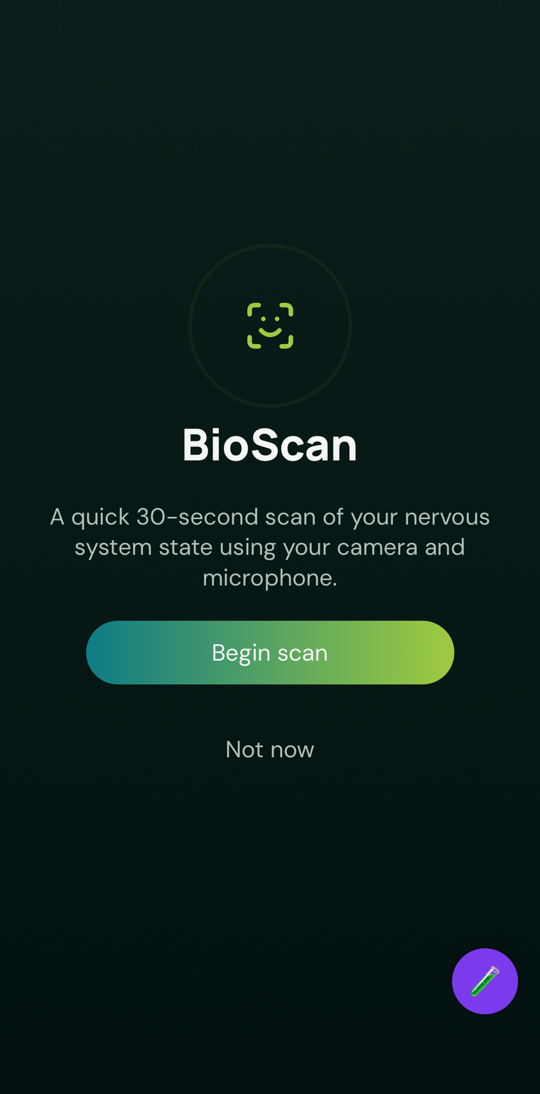MeNome BioScan screen: a quick 30-second reading of your body's stress signal using your phone
