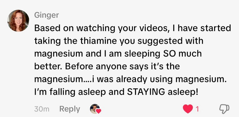 A public TikTok comment describing this person's experience with the B1 and magnesium core