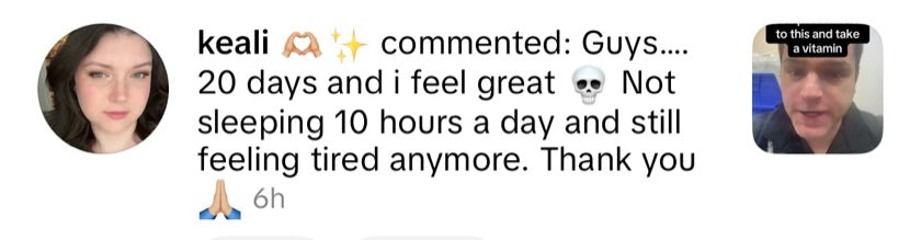 A public TikTok comment describing this person's experience with the B1 and magnesium core