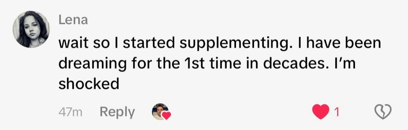 A public TikTok comment describing this person's experience with the B1 and magnesium core