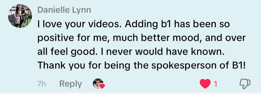 A public TikTok comment describing this person's experience with the B1 and magnesium core