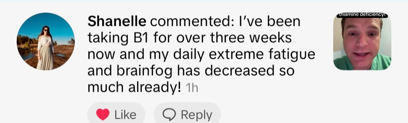 A public TikTok comment describing this person's experience with the B1 and magnesium core