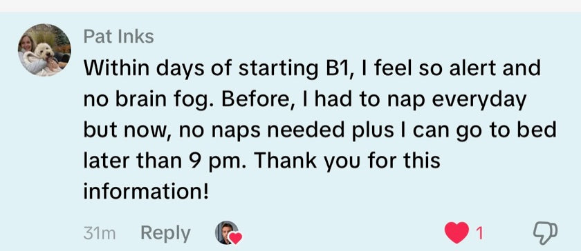 A public TikTok comment describing this person's experience with the B1 and magnesium core