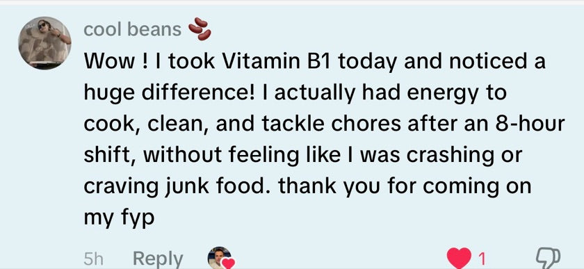 A public TikTok comment describing this person's experience with the B1 and magnesium core