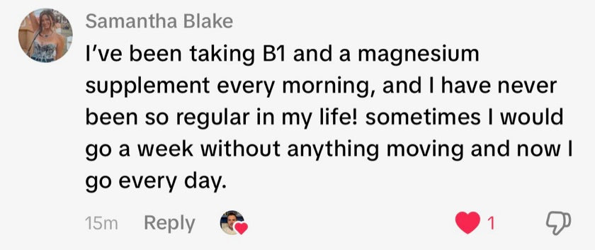 A public TikTok comment describing this person's experience with the B1 and magnesium core