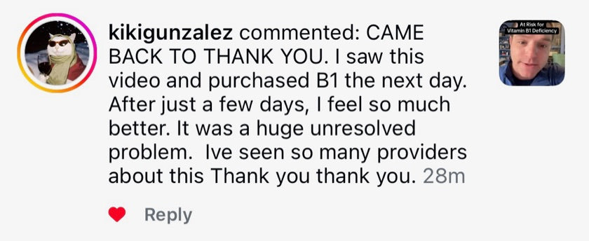 A public TikTok comment describing this person's experience with the B1 and magnesium core