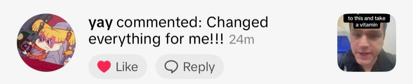 A public TikTok comment describing this person's experience with the B1 and magnesium core