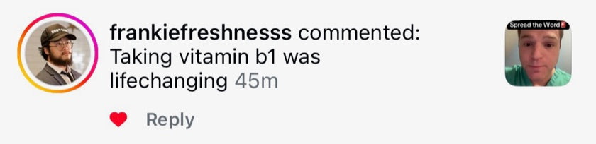 A public TikTok comment describing this person's experience with the B1 and magnesium core