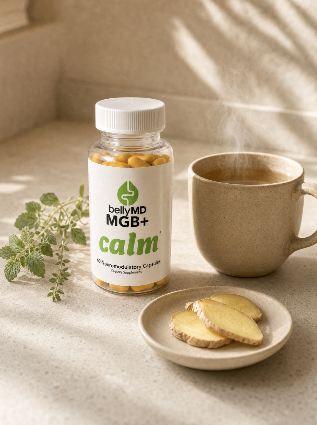 MGB+ Calm bottle beside a steaming mug of ginger tea with fresh ginger slices