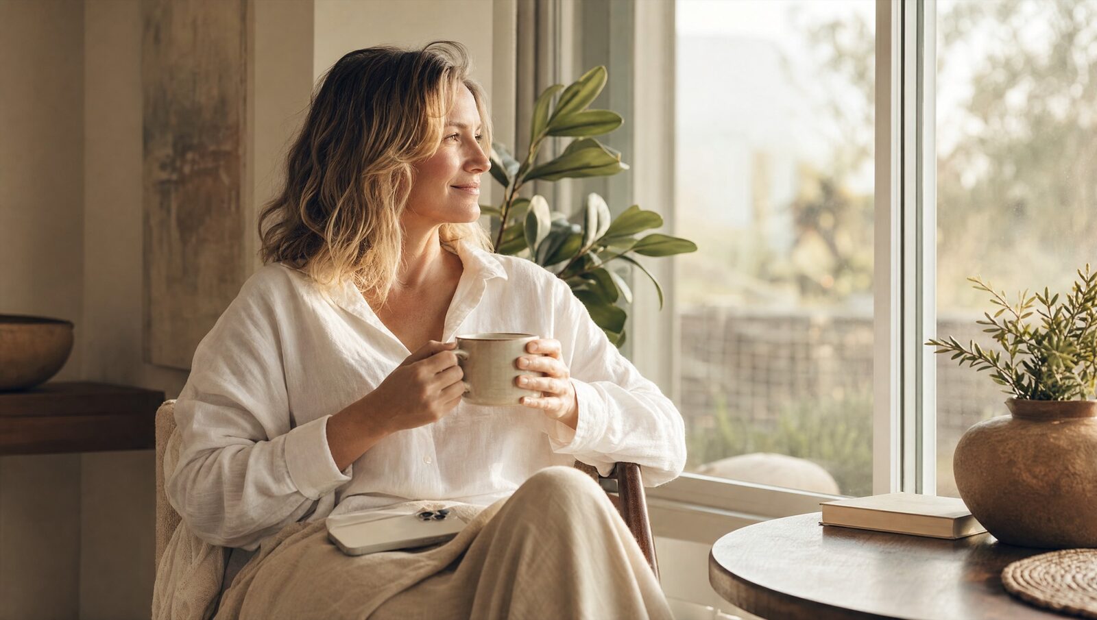 A woman sits in soft morning light with coffee, her phone resting in her hand