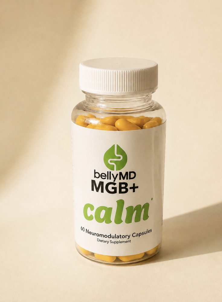 MGB+ Calm bottle, 60 capsules, yellow capsules visible through the clear bottle