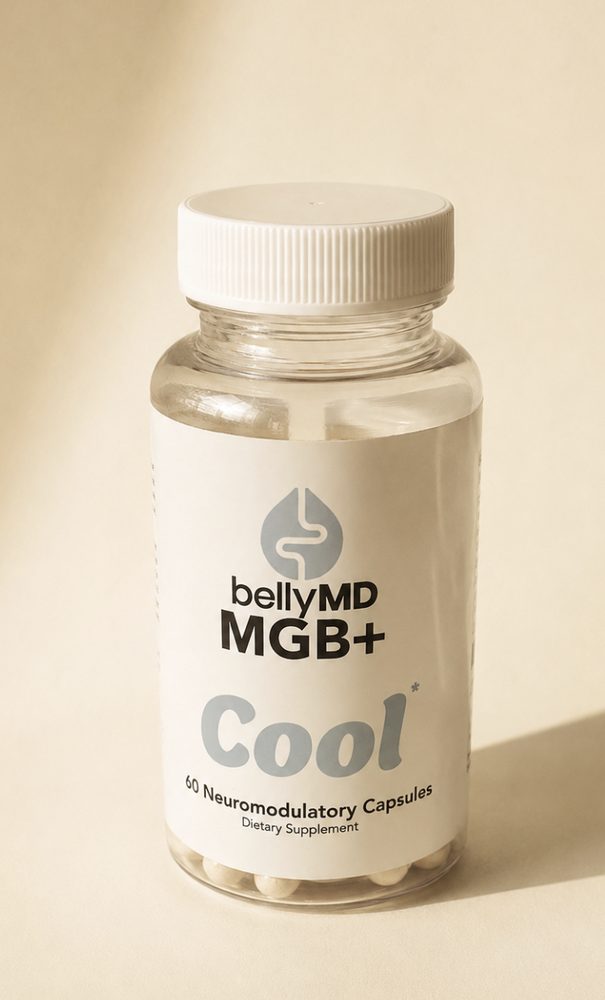MGB+ Cool bottle, 60 capsules, cream capsules visible through the clear bottle
