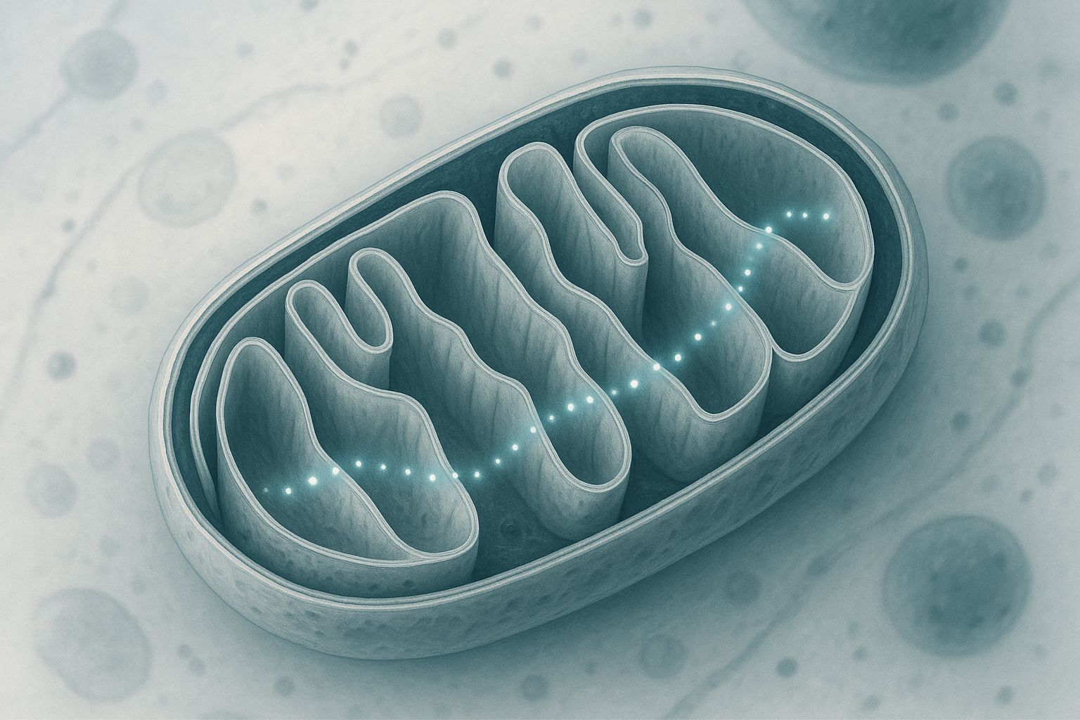 Illustration: a mitochondrion with a chain of electrons moving along its inner membrane