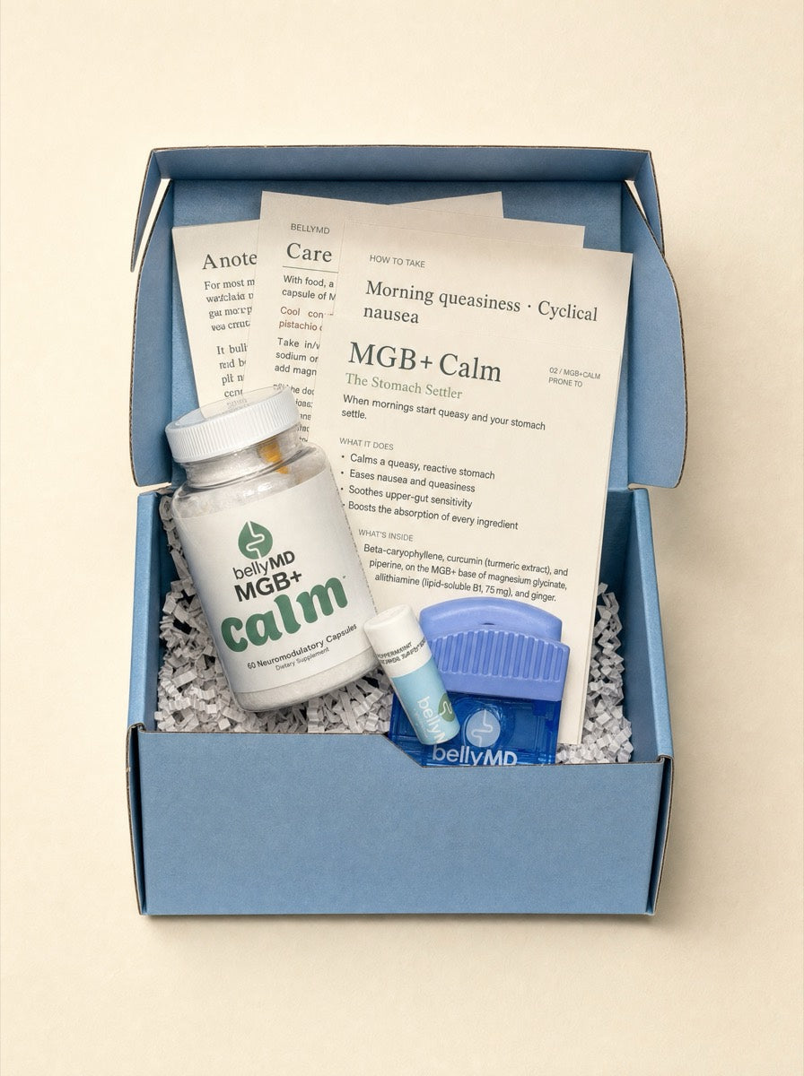 Inside the MGB+ Calm Welcome Kit: the bottle, printed Protocol Cards, and BellyMD extras
